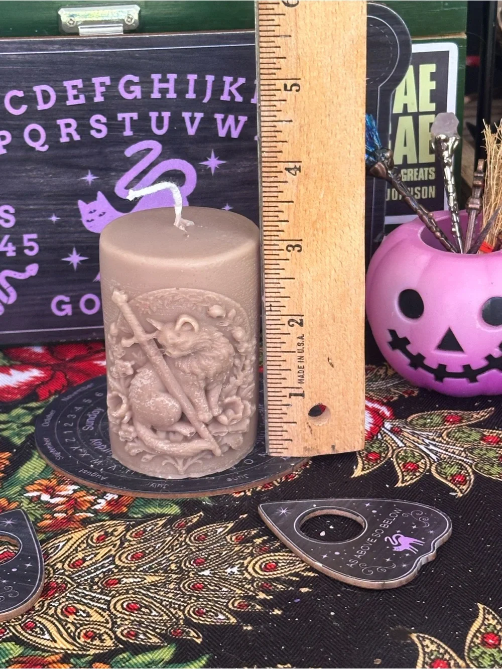 Bronze Cat & Sword Pillar Candle | Witch’s Familiar Candle | Gothic Cat Decor